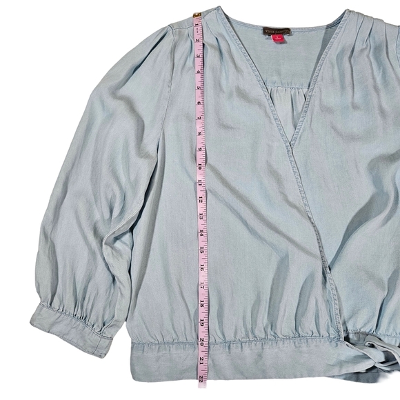 Vince Camuto Lighweight Denim, Wrap Front Blouse, Light Blue, Size Small - Picture 11 of 14